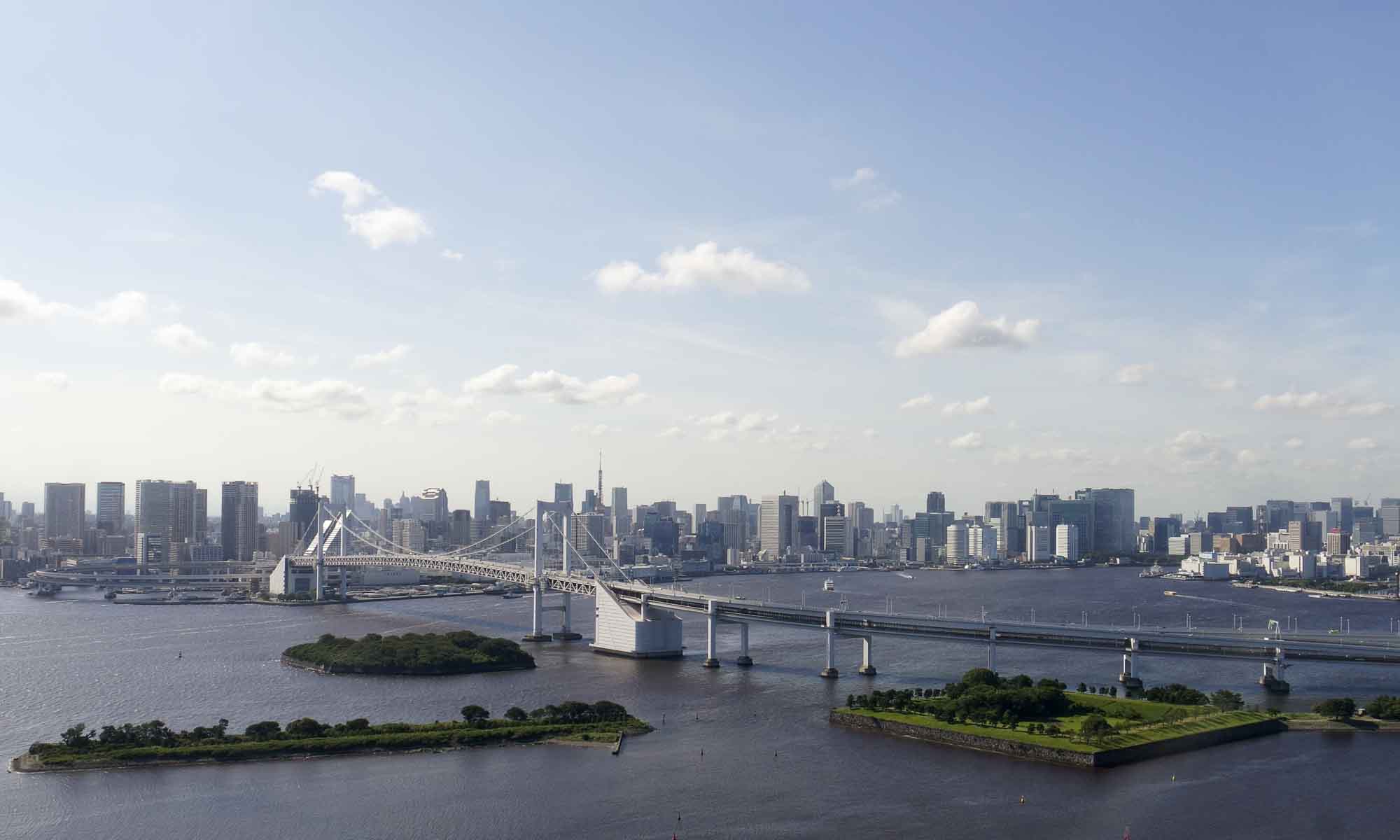 View from Fuji Television HQ on Tokyo skyline and the Rainbow Bridge
